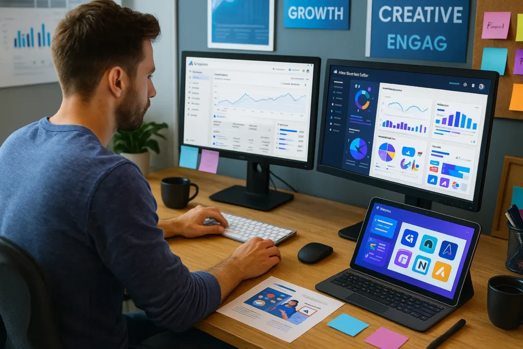 Gráficos y analíticas de campañas digitales en pantalla con iconos de redes sociales